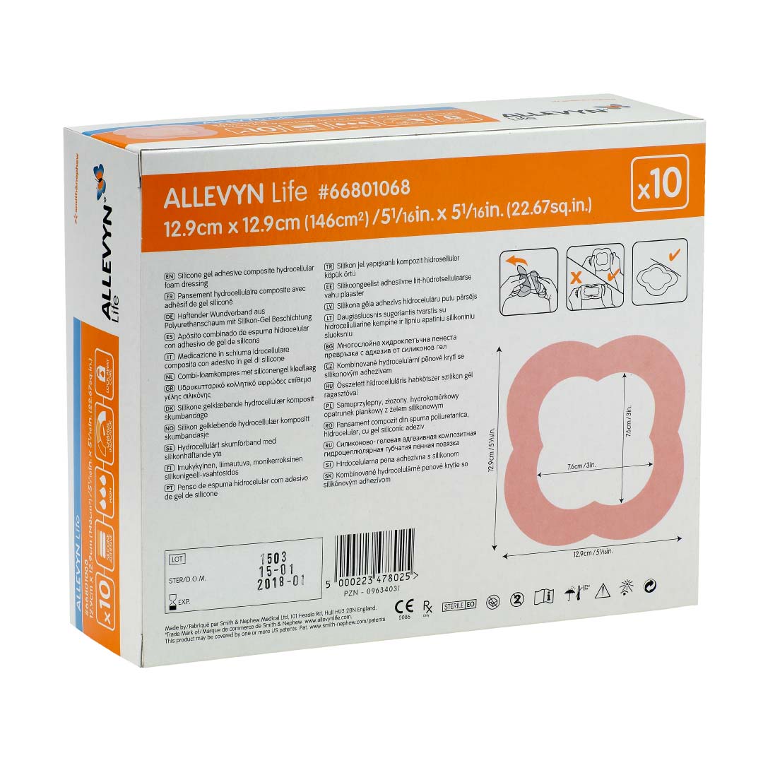 ALLEVYN_Life_back_carton_66801068.jpg Smith+Nephew Allevyn Life Foam Dressing Medium 12.9 x 12.9 cm - Image 1
